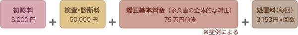 初診料3,000円　検査･診断料50,000円　矯正基本料金（永久歯の全体的な矯正）  75万円　処置料（毎回）3,000円×回数