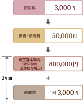 初診料3,000円　検査･診断料50,000円　矯正基本料金（永久歯の全体的な矯正）800,000円〜　処置料1回 3,000円